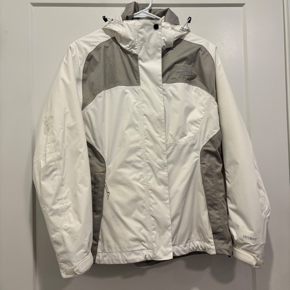 The North Face HyVent White Grey Micro Check Hooded Ski Jacket Womens Medium